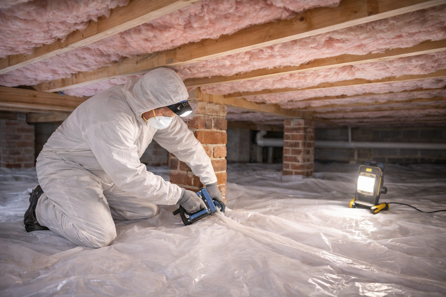 Person in protective suit inspecting crawl space with flashlight.
