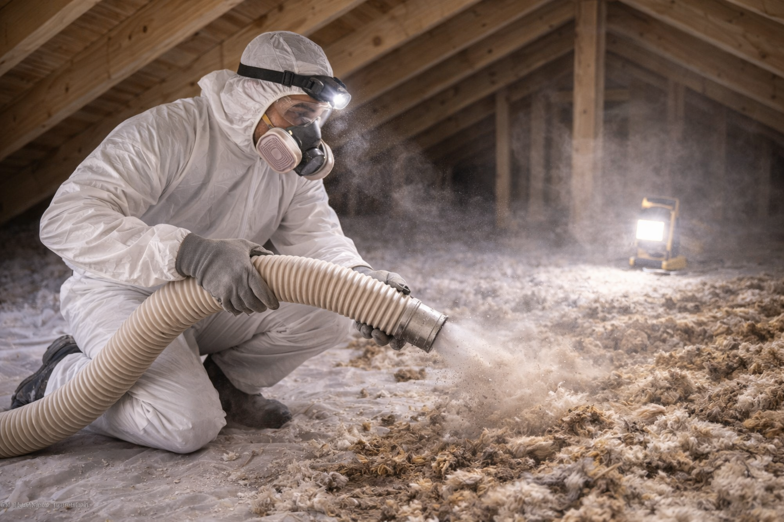 Person in protective gear, spraying insulation into an attic.