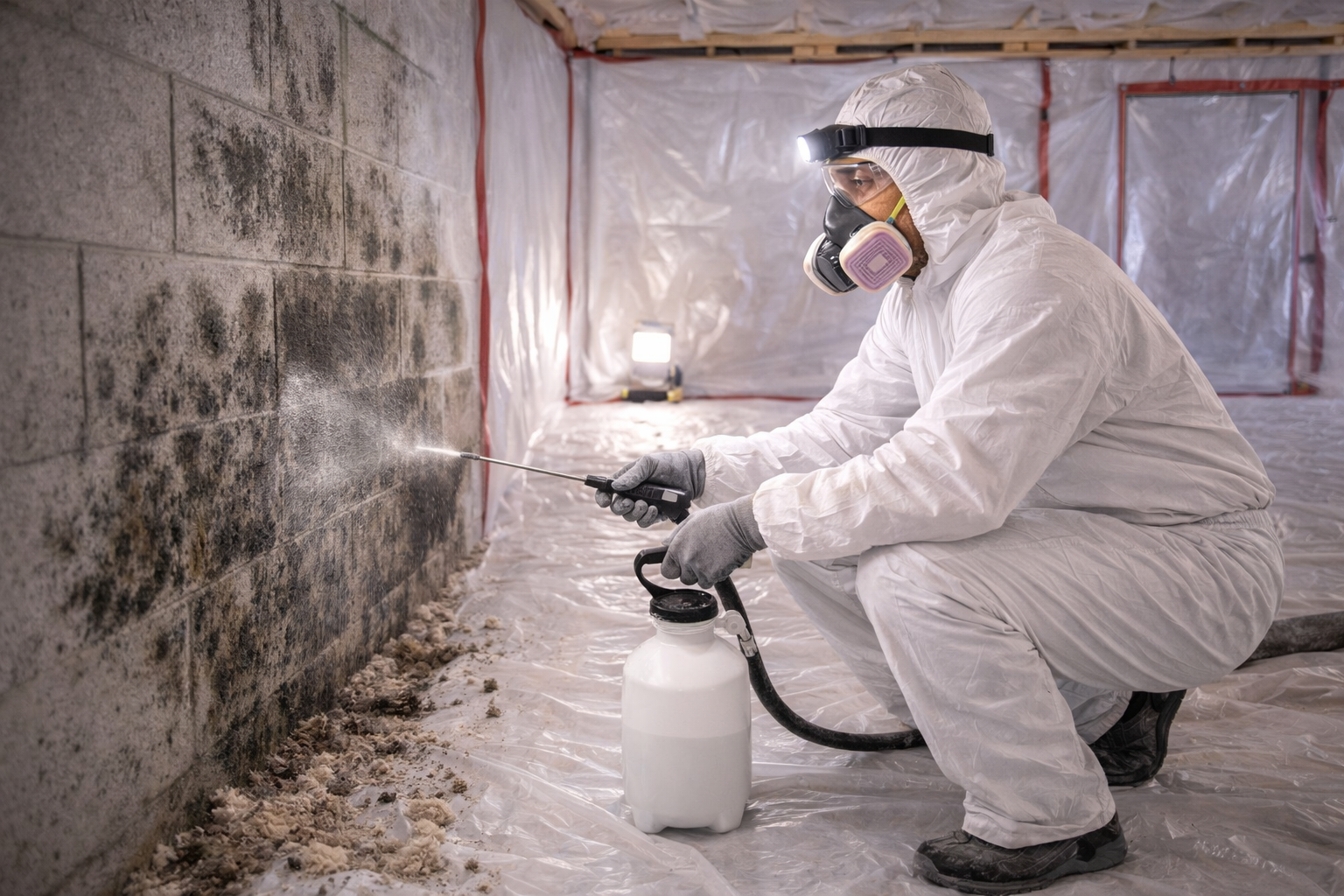 Person in protective suit spraying a moldy basement wall.