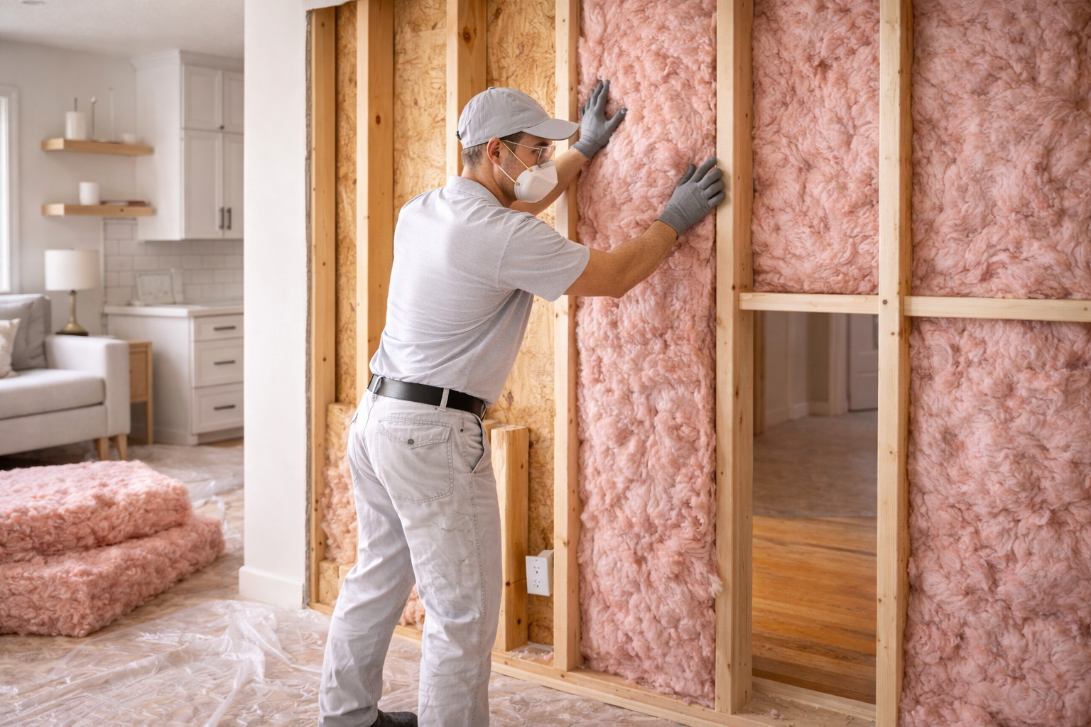 Man in safety gear installing pink insulation in a wall frame inside a home.