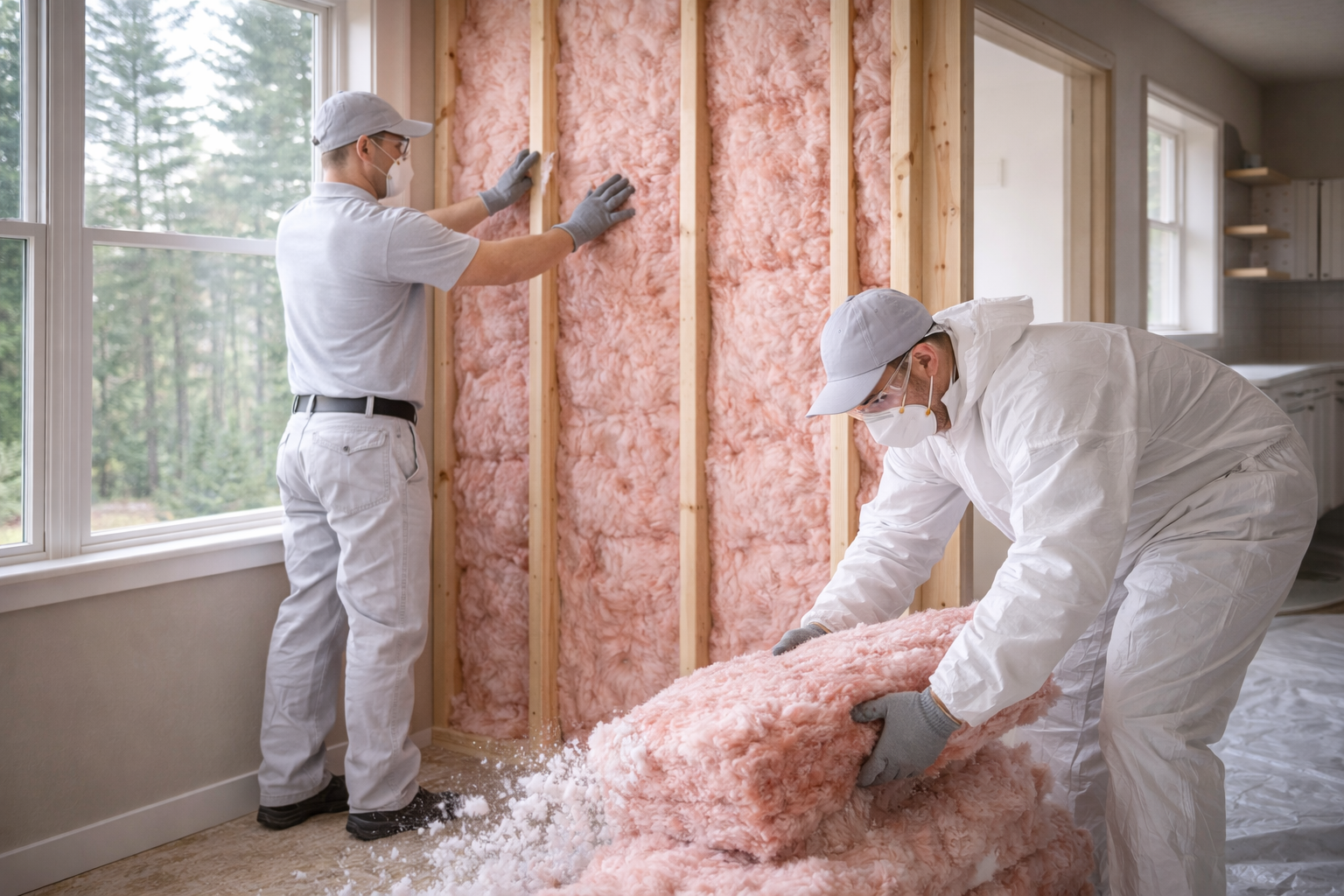 Two workers installing pink insulation in a wall, near a window. One wears a mask and protective suit.