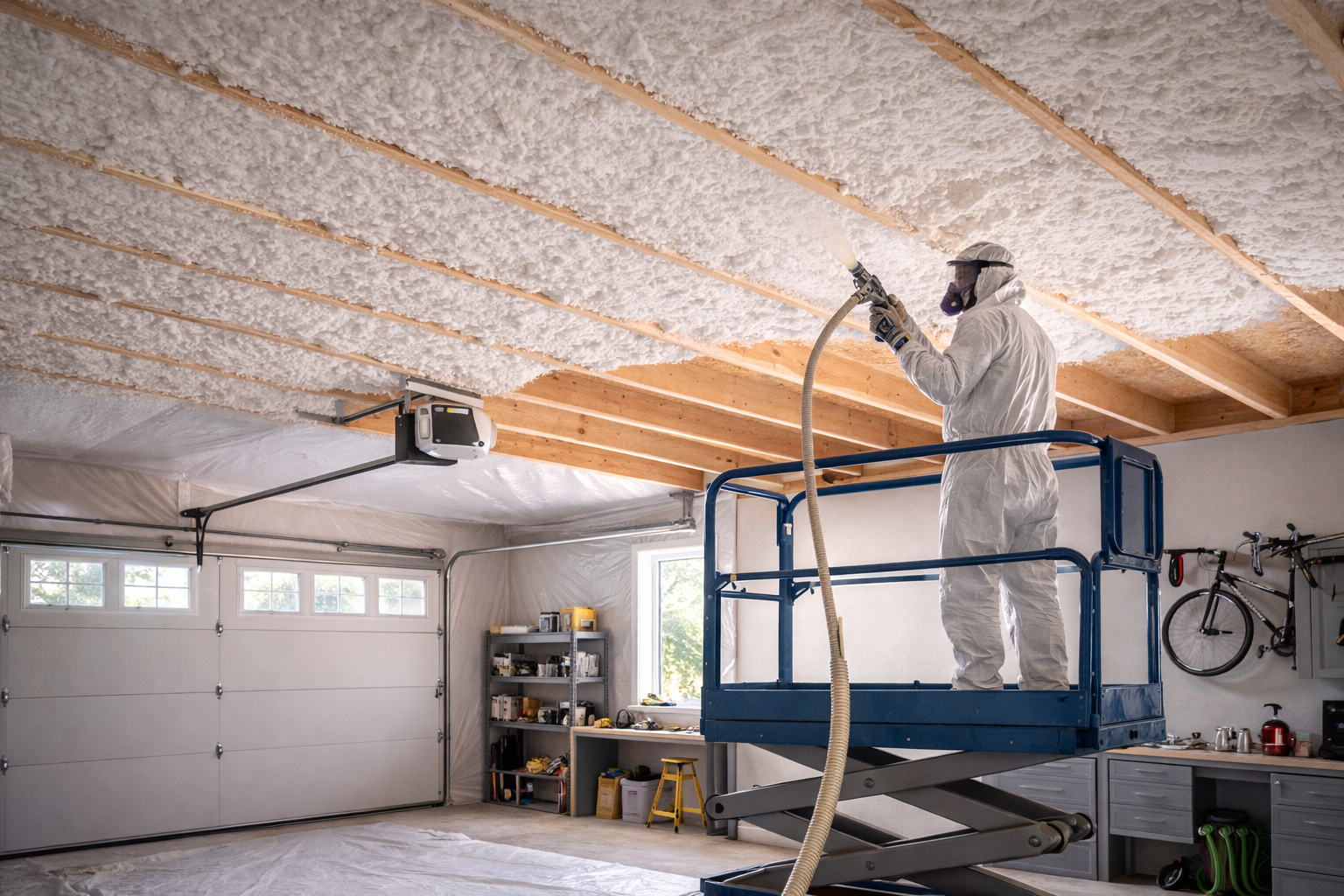 Person in protective suit spraying insulation on a garage ceiling, using a lift.
