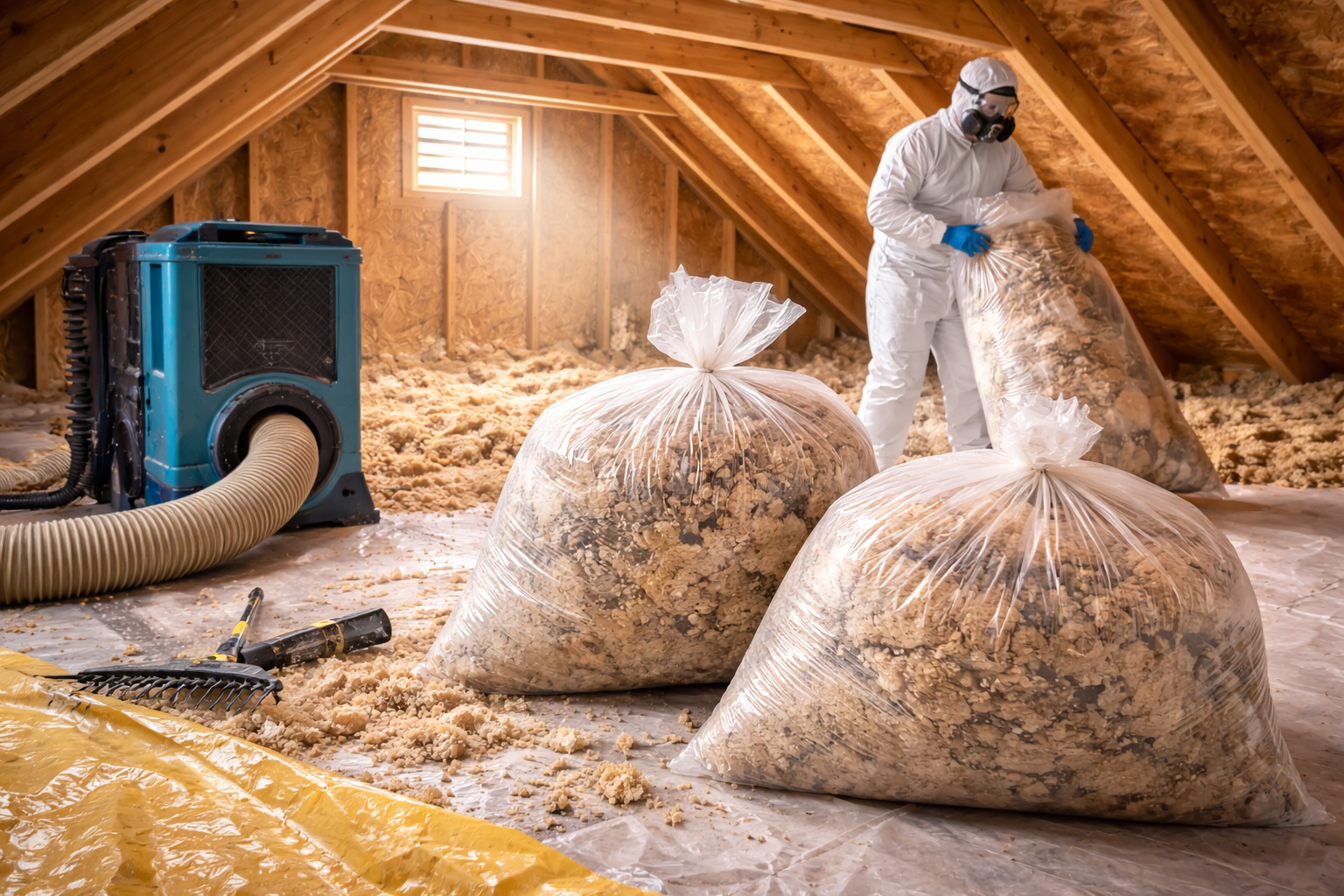 Person in protective suit, respirator, and headlamp blowing insulation into an attic.