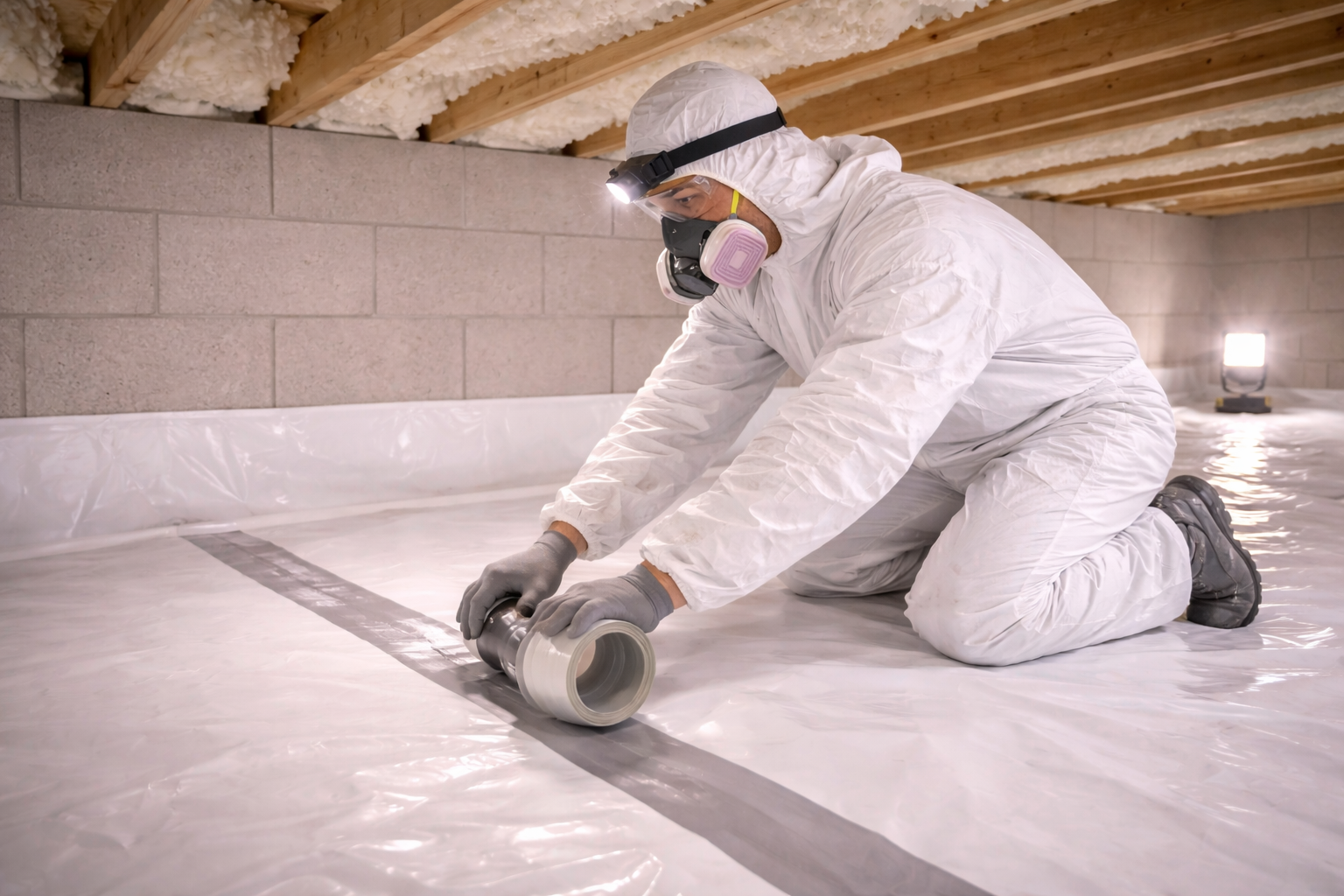 Person in protective suit, respirator, installing vapor barrier in a crawlspace.