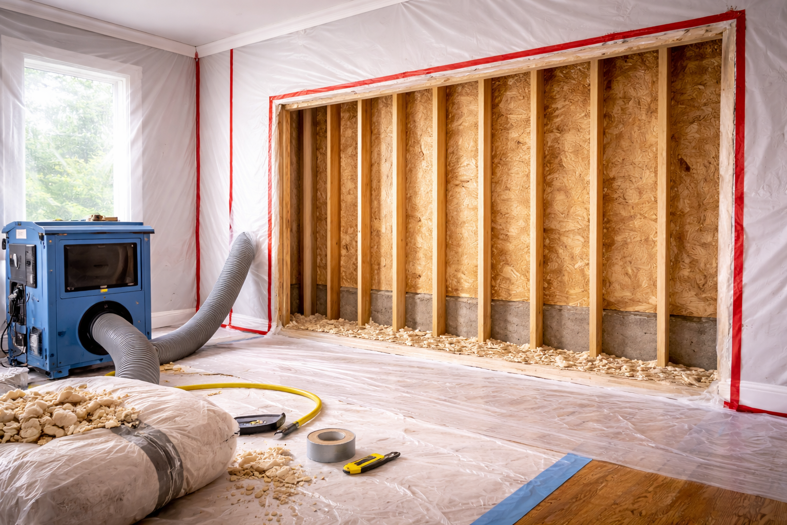 Interior construction: Exposed wall frame, blue dehumidifier, insulation, clear plastic sheeting.