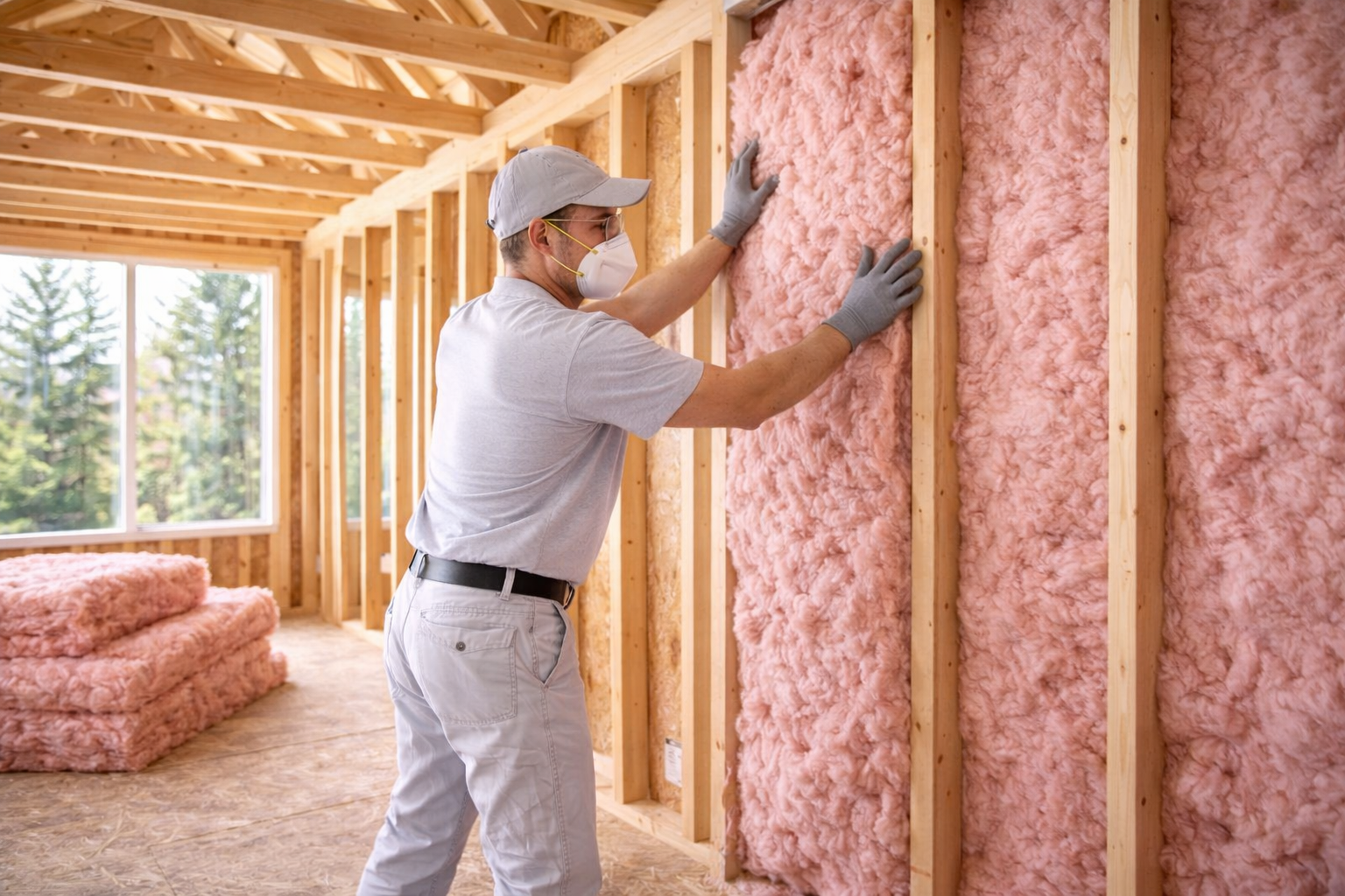 Worker installing pink insulation in a wooden wall frame inside a house under construction.