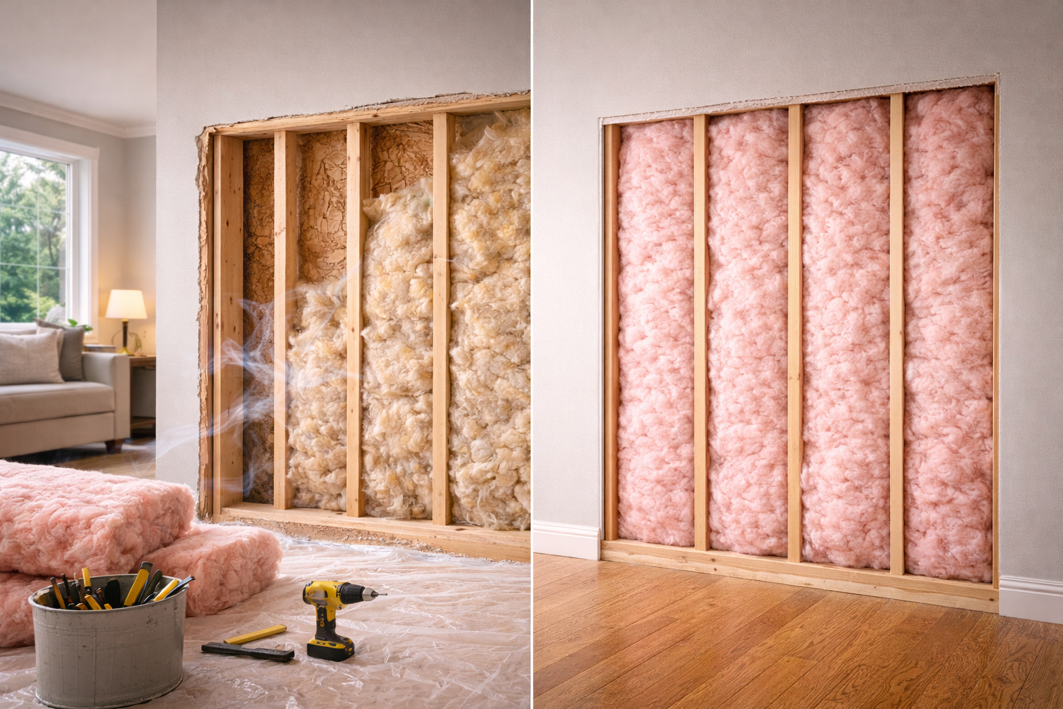 Framing of a wall being insulated with pink fiberglass.