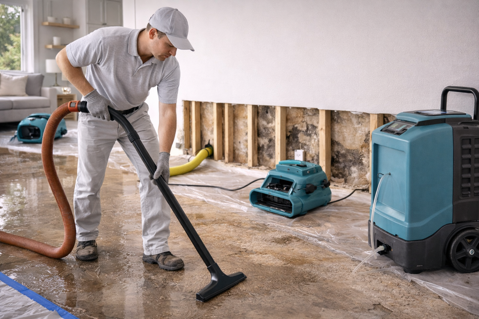 Man using vacuum to clean up water damage in a home, with industrial dehumidifiers.