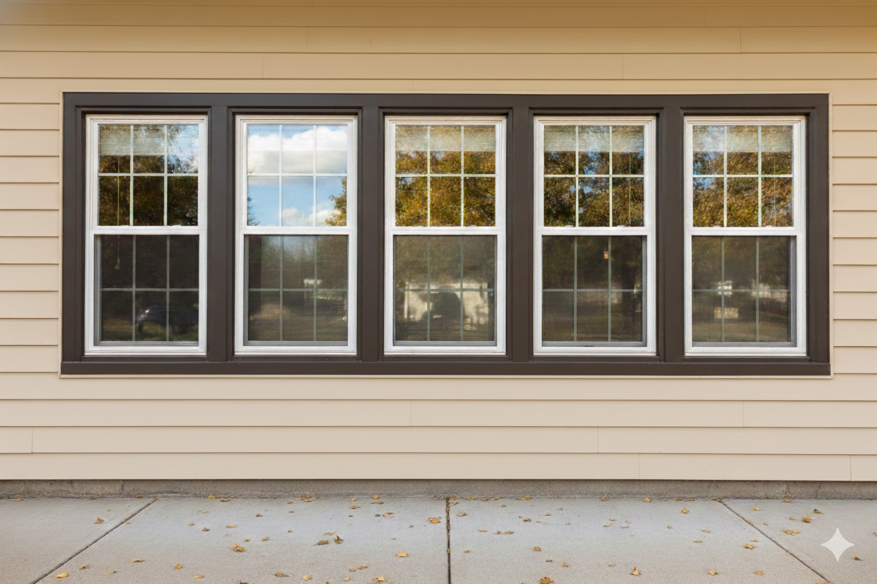 Five rectangular windows with brown frames on a light tan exterior wall, reflecting trees and sky.