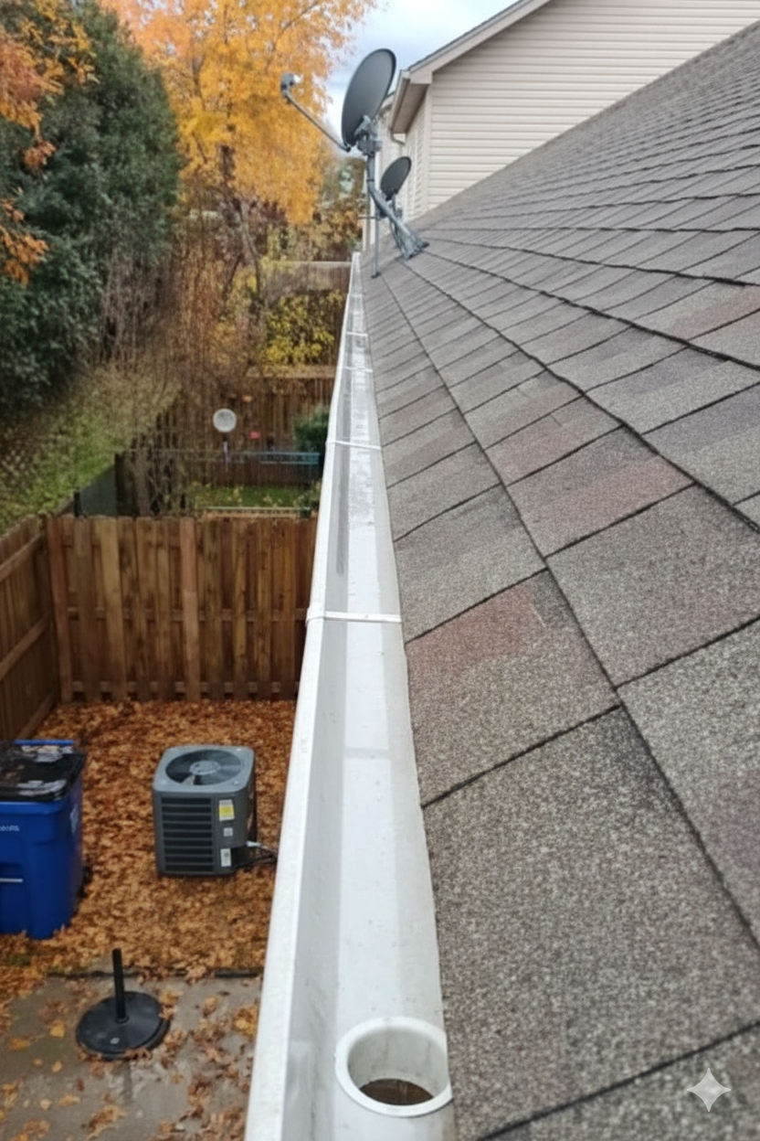 Gutter on roof with satellite dishes, next to a wooden fence with fallen leaves.
