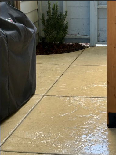 Wet, light-tan concrete patio with dark grill cover and small plant bed in the background.