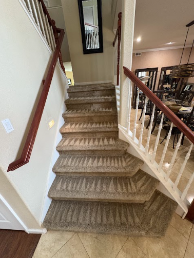 Staircase with carpeted steps, brown handrails, and a mirror on the wall.