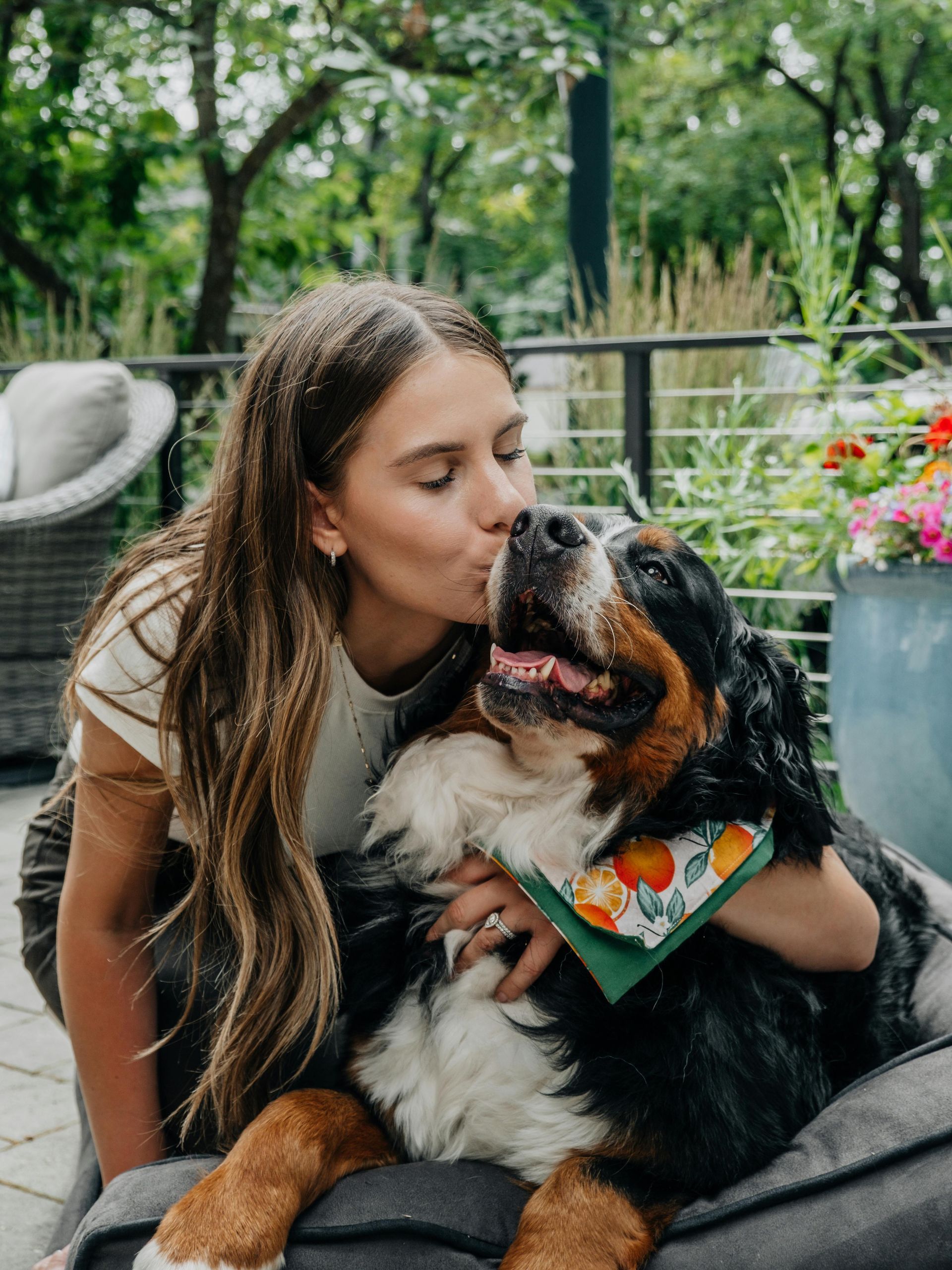 Happy dog in a bandana receiving a kiss from his owner after a successful blood donation.