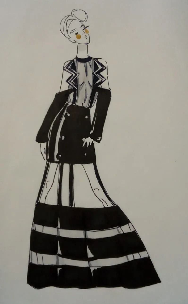 Un disegno in bianco e nero di una donna in un abito lungo