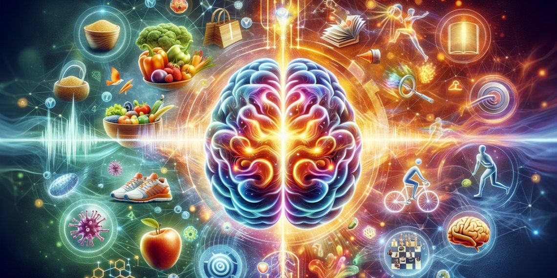 A colorful illustration of a brain surrounded by fruits and vegetables.