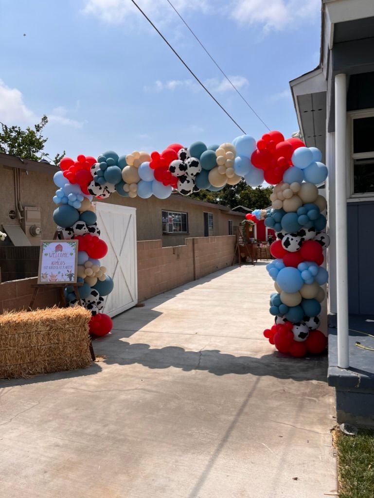 a bunch of balloons are hanging from the side of a road