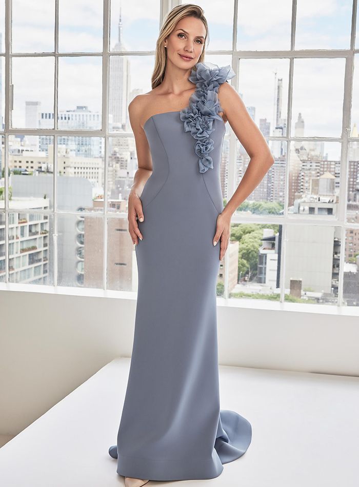 A woman in a long gray dress is standing in front of a window.