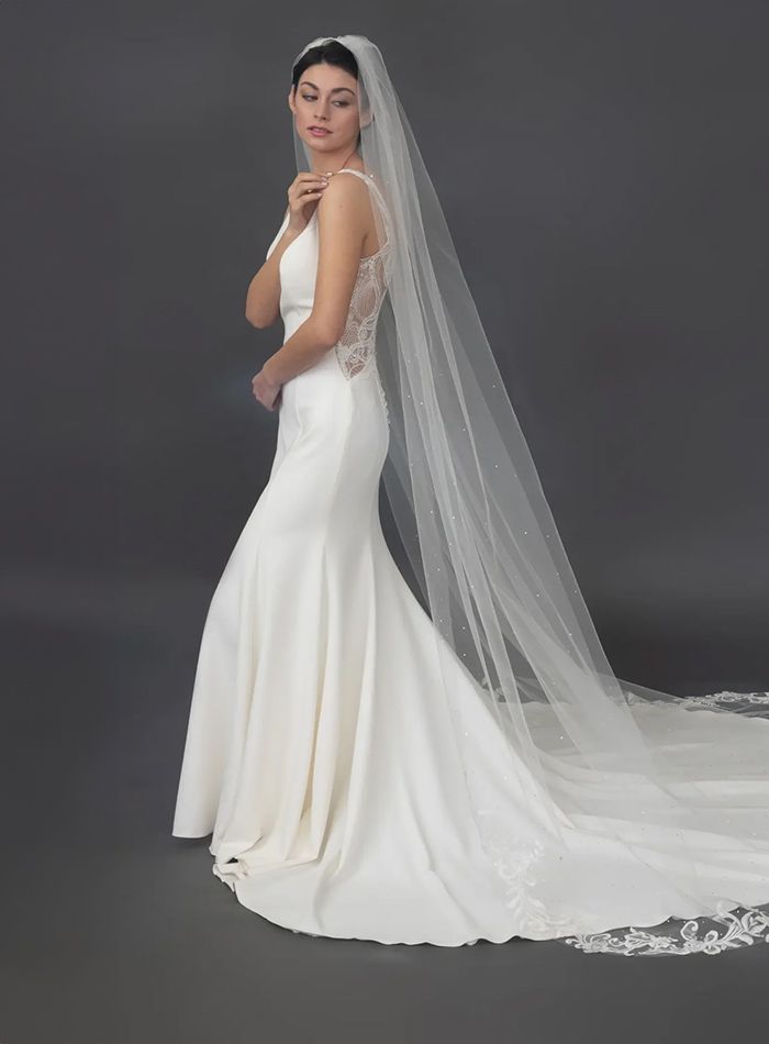 A woman in a wedding dress and veil is standing on a gray background.
