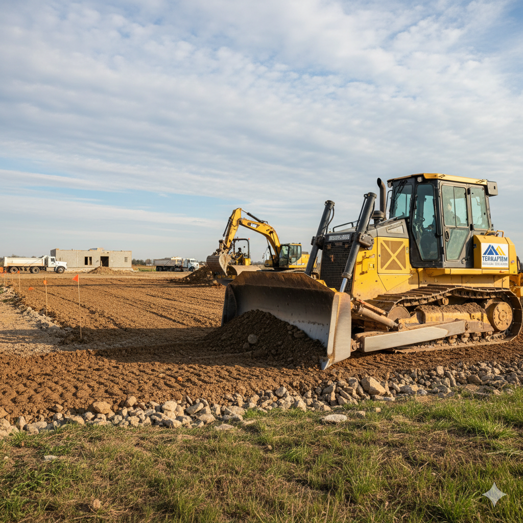Yellow excavator on a pile of gravel, with a forest background.