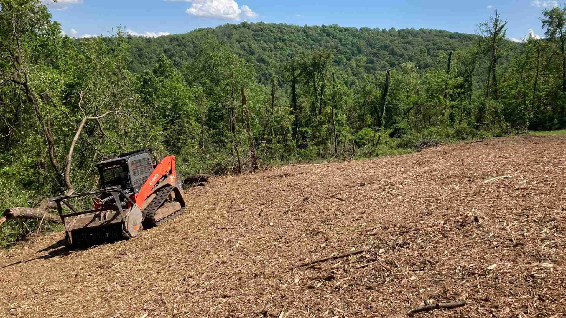A man is working on a bulldozer on a dirt road.