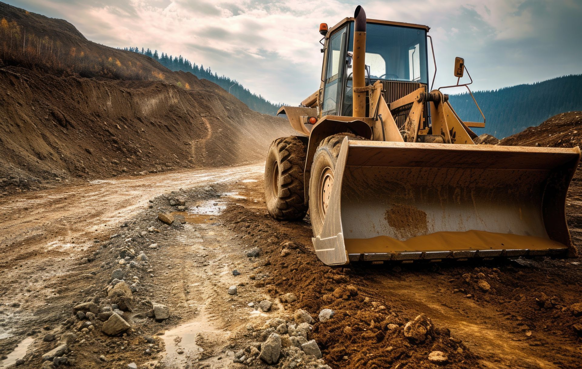 Yellow excavator demolishing a building; debris pile in foreground, other buildings and blue sky in background.