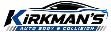 Kirkman&rsquo;s Auto Body & Collision logo with a black and blue car silhouette