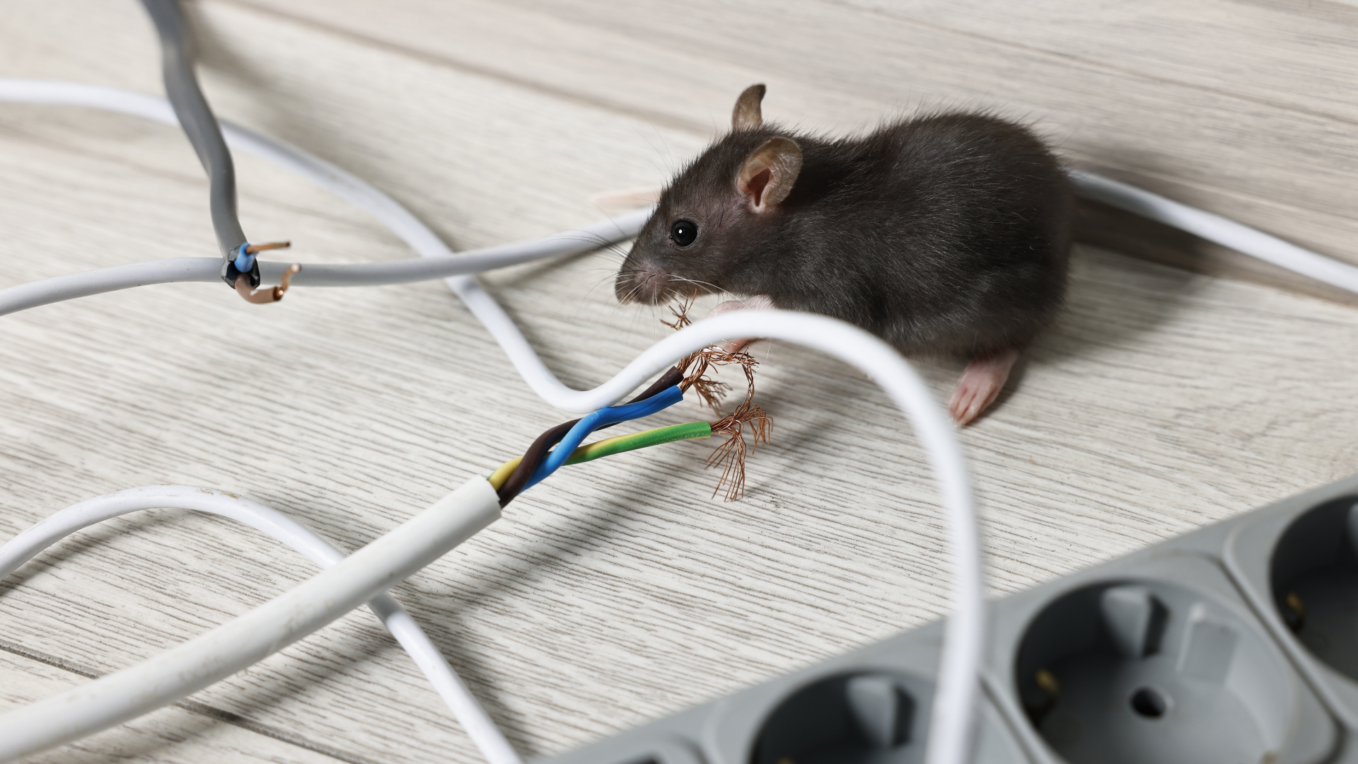 Rat gnawing on exposed electrical wires near a power strip.