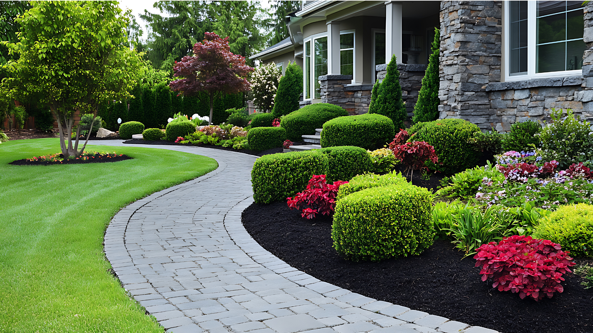Curving brick pathway leading to a house with lush, manicured garden beds of colorful plants and shrubs.