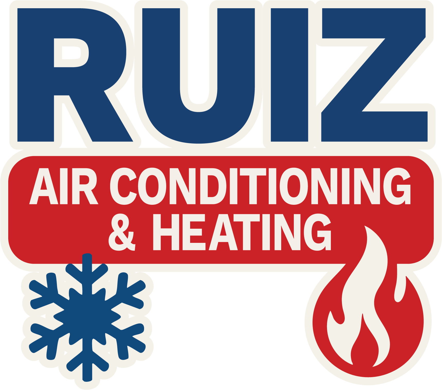 The logo for ruiz air conditioning and heating shows a snowflake and a fire.
