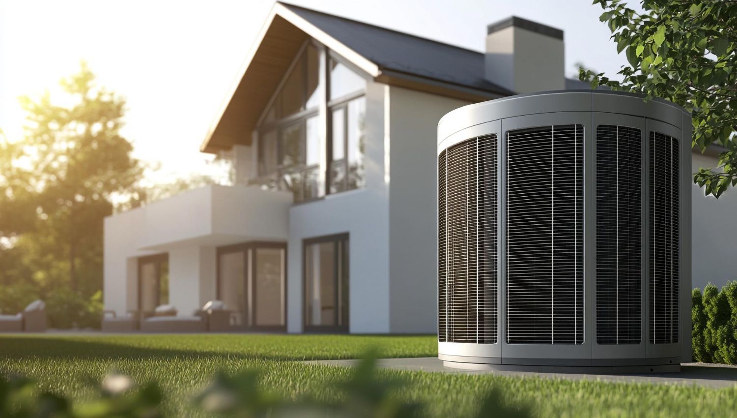 Air source heat pump unit in a yard next to a modern house.