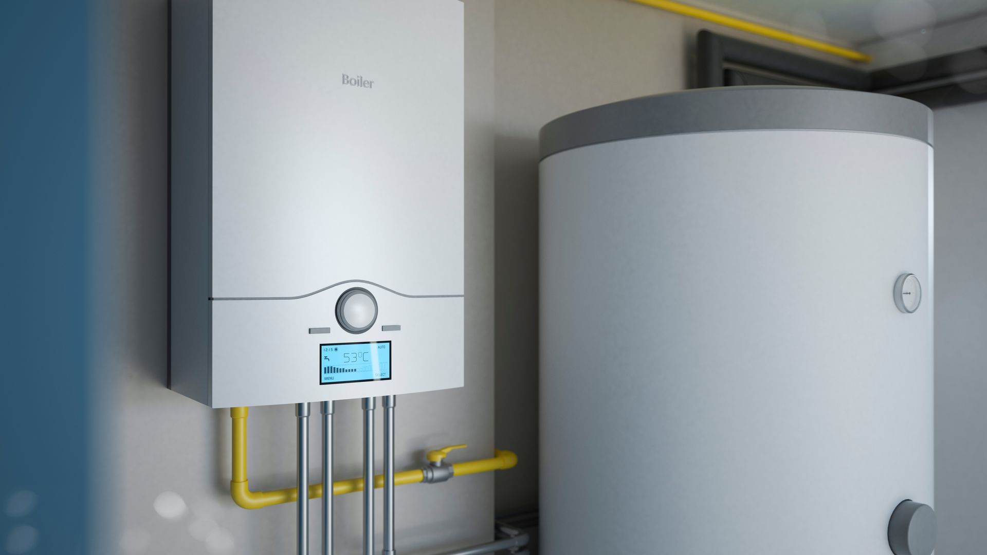 A boiler and a water heater are sitting next to each other in a room.