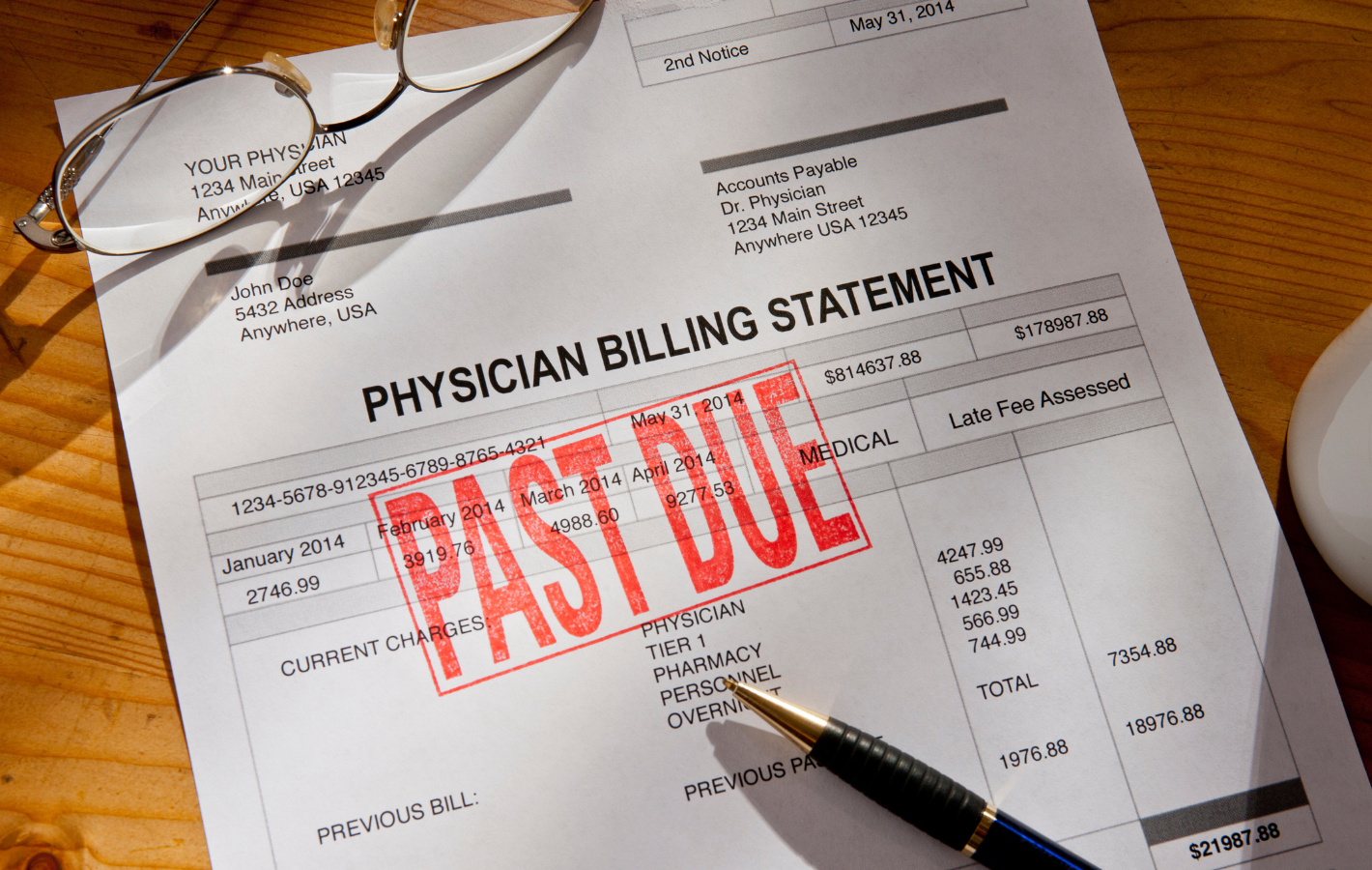 A physician billing statement has been stamped past due