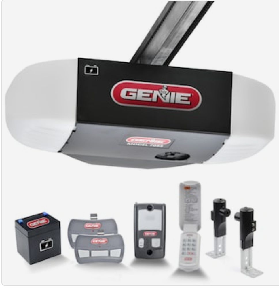 Genie garage door opener with remote controls and keypad displayed on white background