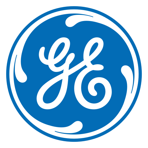 A blue and white ge logo on a white background