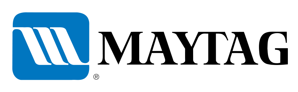 A blue and white logo for maytag on a white background