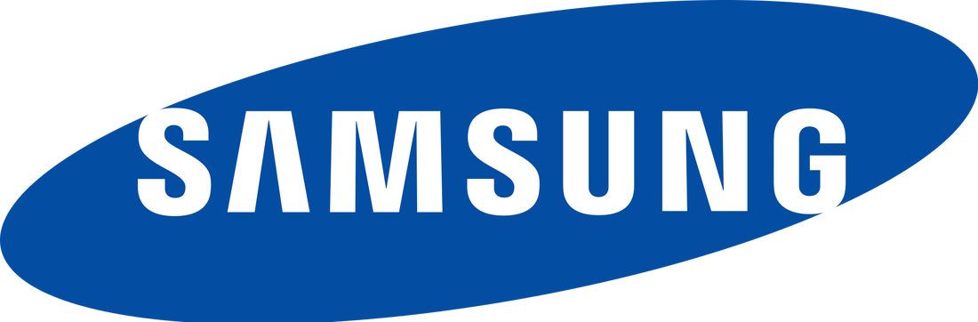 A blue samsung logo on a white background