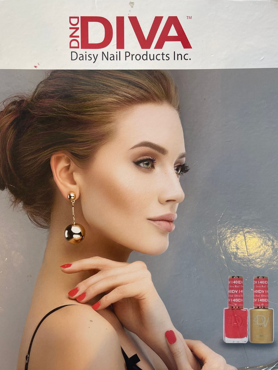 Woman with red nail polish and earrings; DND Diva product ad.
