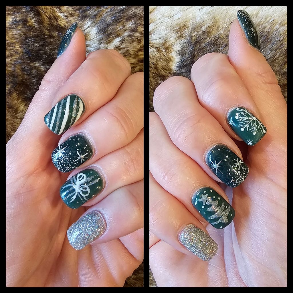 Hands with green and silver Christmas nail art: stripes, snowflakes, bows, and glitter.