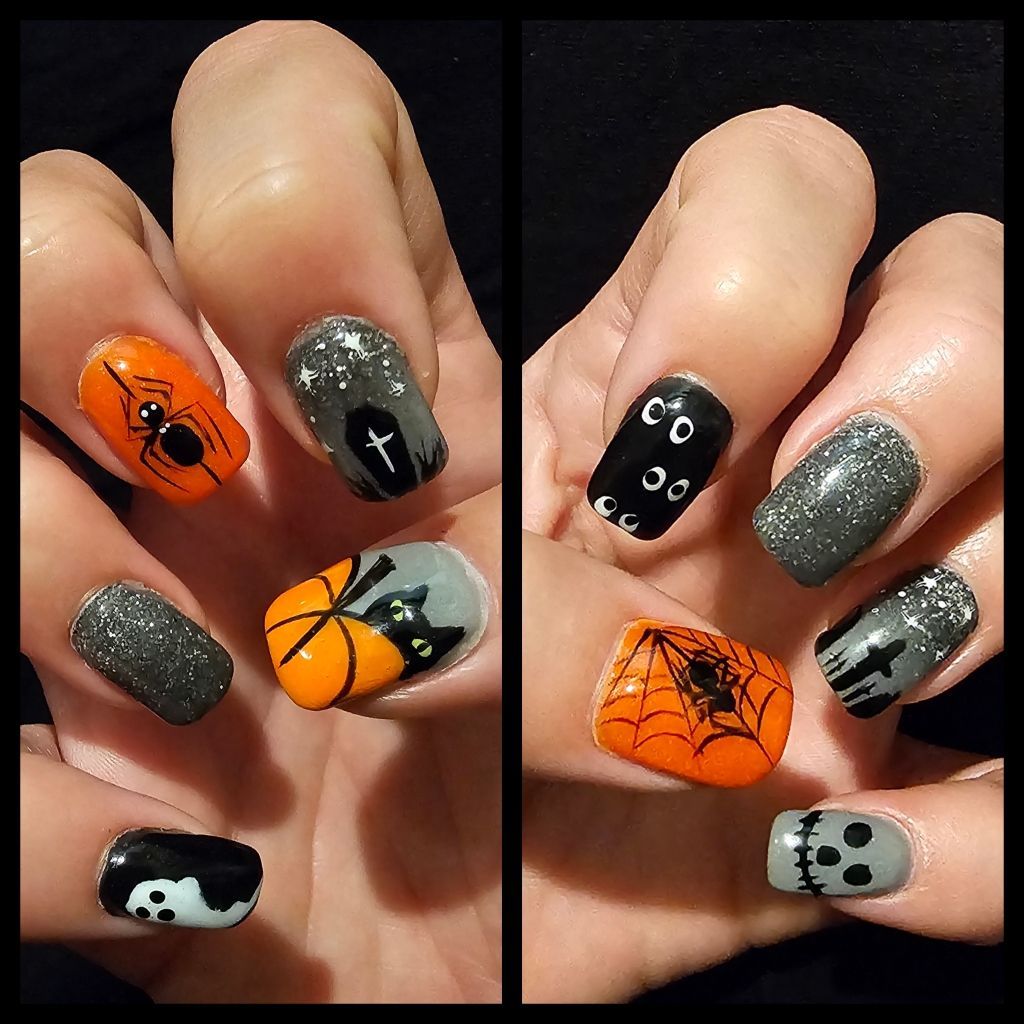 Halloween-themed nail art in orange, black, and gray. Designs include spiders, cats, tombstones, and ghosts.