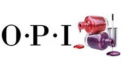 O.P.I. logo with two nail polish bottles, one red and one purple, with polish spills.