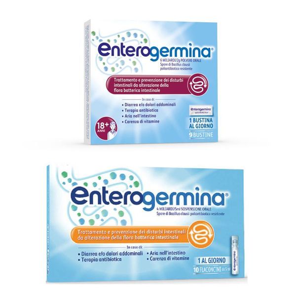 Due scatole di enterogermina su uno sfondo bianco