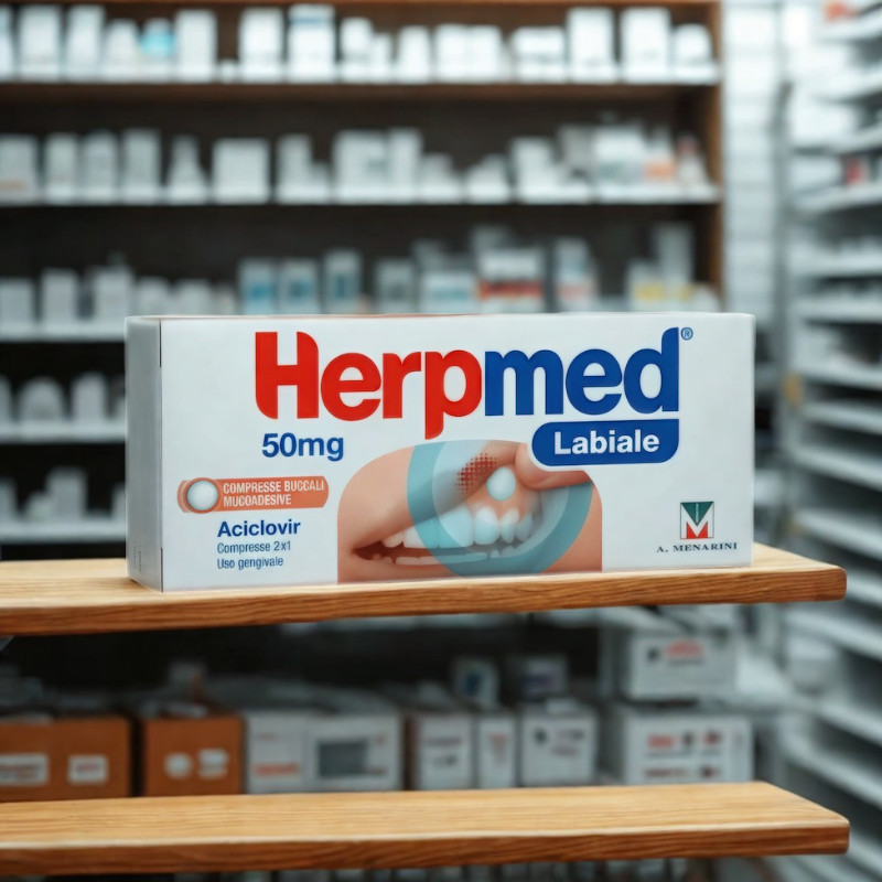 Una scatola di herpmed labiale si trova su uno scaffale in una farmacia