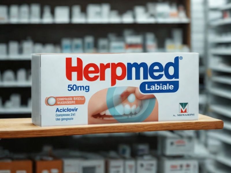 Una scatola di herpmed labiale è su uno scaffale in una farmacia