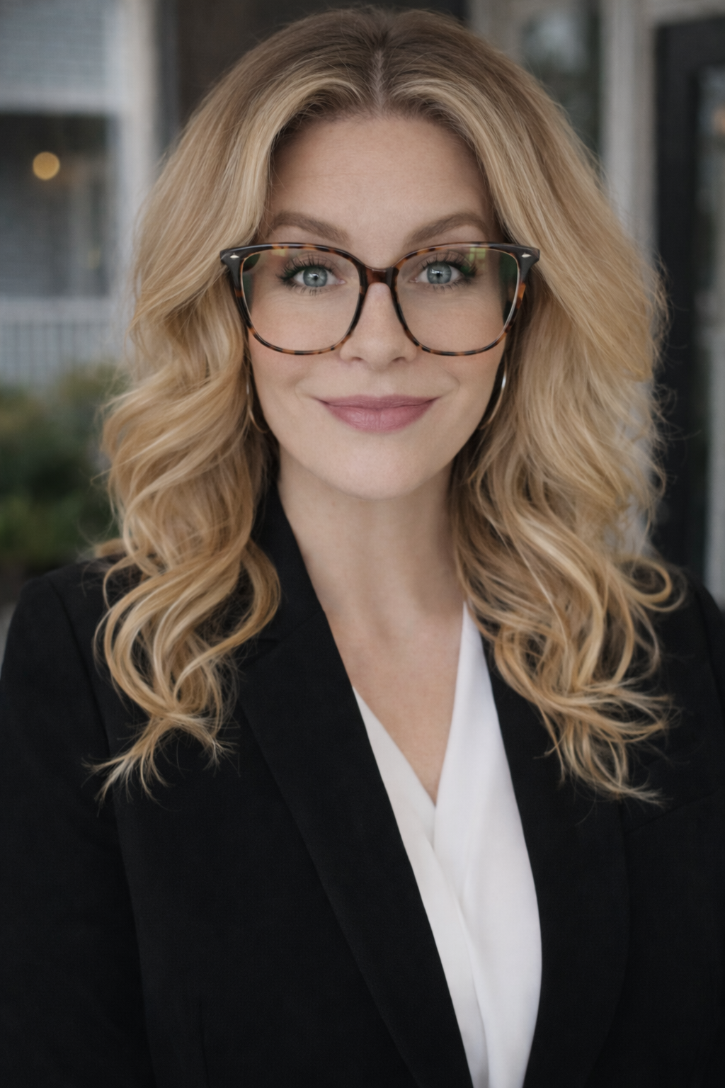 Headshot of a woman with blond hair wearing glasses