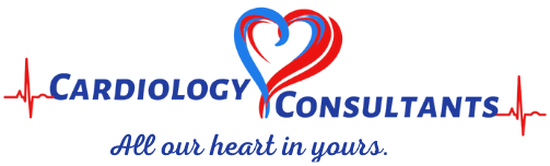 Logo for Cardiology Consultants with heart-shaped design and heartbeat lines. Text: "All our heart in yours."