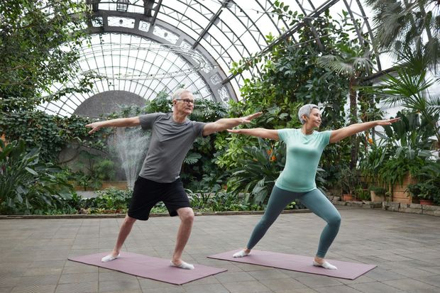 Two people doing yoga in a greenhouse; arms outstretched, on mats, in exercise attire.