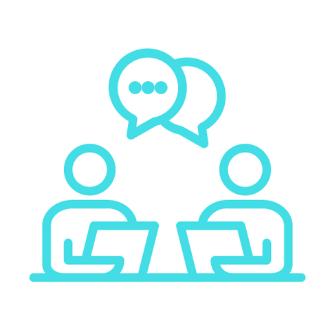 Two people are sitting at a table with speech bubbles above them.