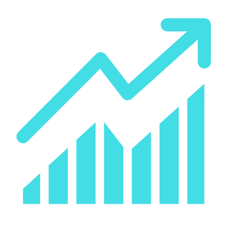 A blue graph with an arrow pointing up on a white background.