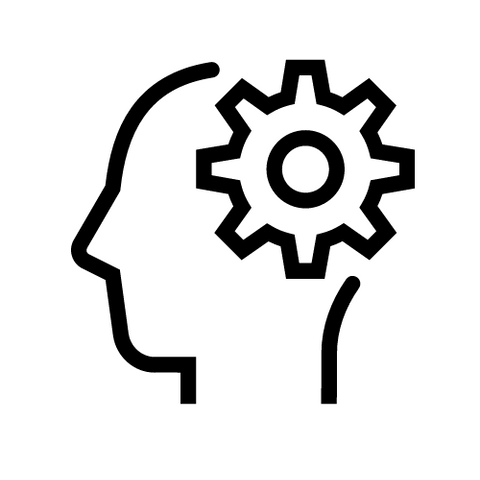 A line drawing of a person 's head with a gear in it.