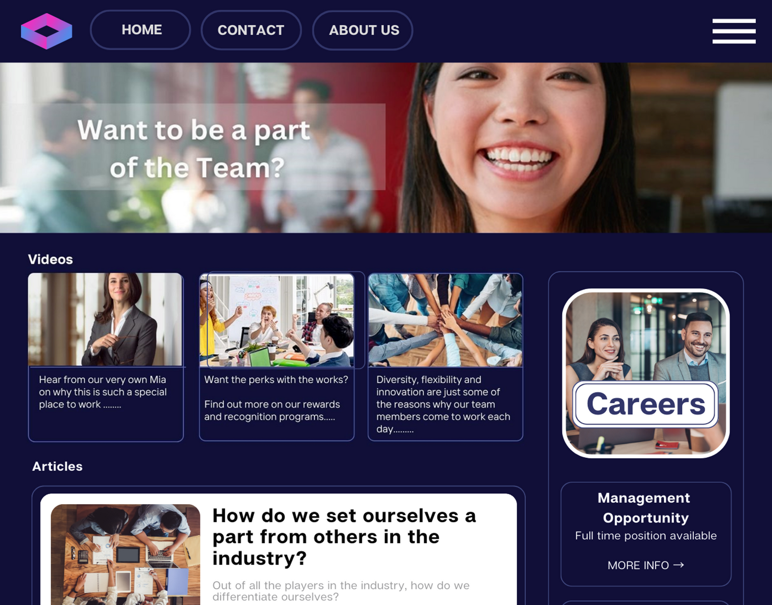 A woman is smiling on the homepage of a website.